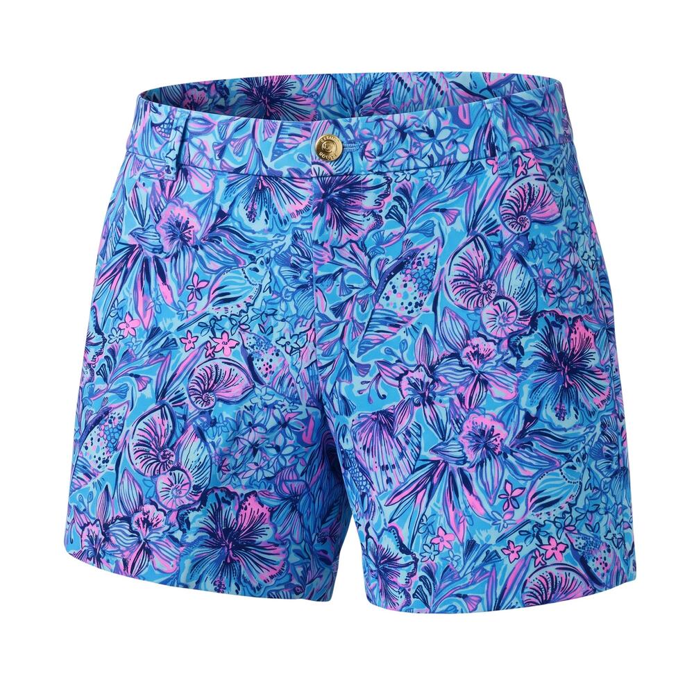 Lilly Pulitzer blue tropical print shorts with gold logo button zipper fly Size